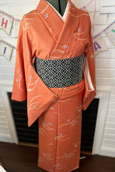 Japanese Awase Kimono –  Orange Floral Pattern, Elegant Japanese Wear, Size: M-L