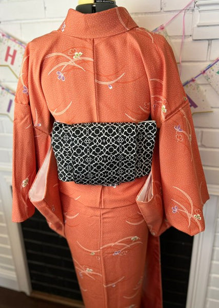 Japanese Awase Kimono –  Orange Floral Pattern, Elegant Japanese Wear, Size: M-L