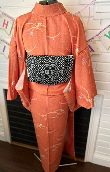 Japanese Awase Kimono –  Orange Floral Pattern, Elegant Japanese Wear, Size: M-L