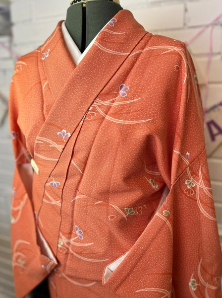 Japanese Awase Kimono –  Orange Floral Pattern, Elegant Japanese Wear, Size: M-L