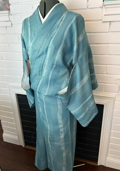 Japanese Awase Kimono –  Silver Wave & Star Scatter Pattern, Elegant Japanese Wear, Size: M