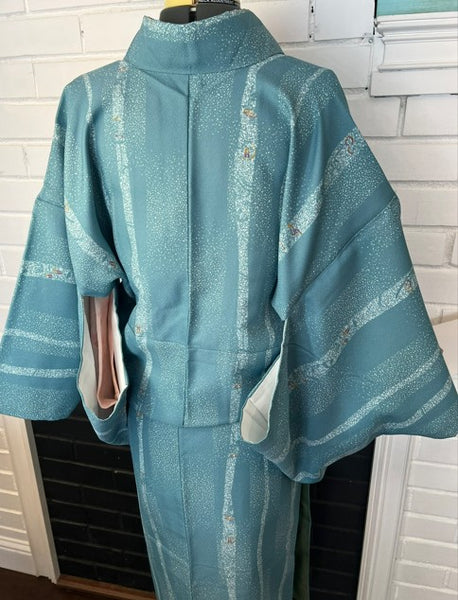 Japanese Awase Kimono –  Silver Wave & Star Scatter Pattern, Elegant Japanese Wear, Size: M