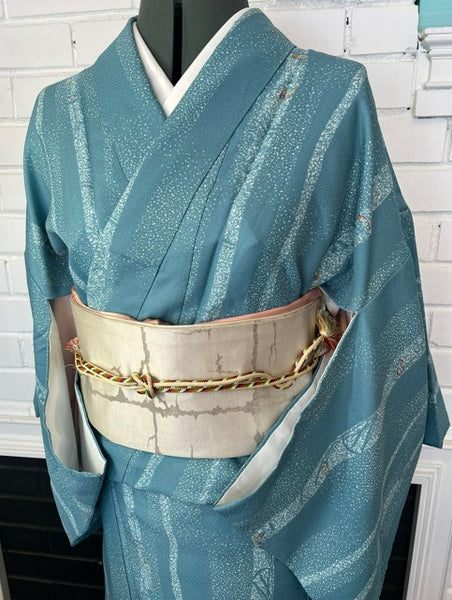 Japanese Awase Kimono –  Silver Wave & Star Scatter Pattern, Elegant Japanese Wear, Size: M