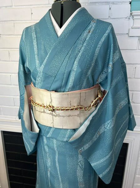Japanese Awase Kimono –  Silver Wave & Star Scatter Pattern, Elegant Japanese Wear, Size: M