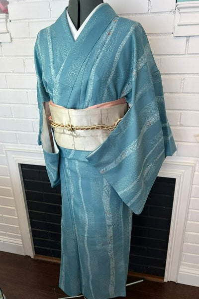 Japanese Awase Kimono –  Silver Wave & Star Scatter Pattern, Elegant Japanese Wear, Size: M