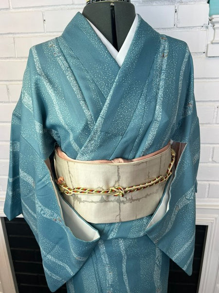 Japanese Awase Kimono –  Silver Wave & Star Scatter Pattern, Elegant Japanese Wear, Size: M