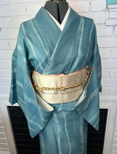 Japanese Awase Kimono –  Silver Wave & Star Scatter Pattern, Elegant Japanese Wear, Size: M