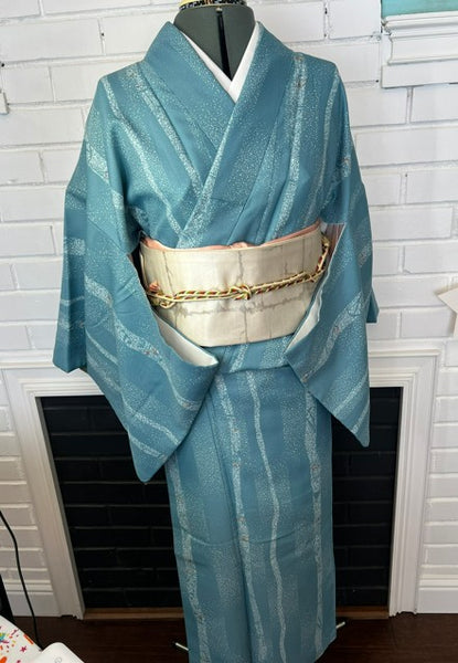 Japanese Awase Kimono –  Silver Wave & Star Scatter Pattern, Elegant Japanese Wear, Size: M