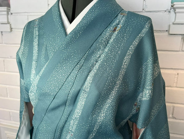 Japanese Awase Kimono –  Silver Wave & Star Scatter Pattern, Elegant Japanese Wear, Size: M