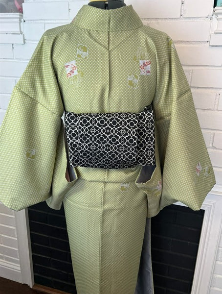 Japanese Awase Kimono / Olive Green Komon with Floral Motif, Size: M-L
