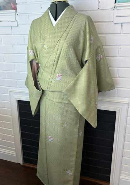 Japanese Awase Kimono / Olive Green Komon with Floral Motif, Size: M-L