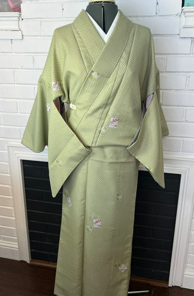 Japanese Awase Kimono / Olive Green Komon with Floral Motif, Size: M-L