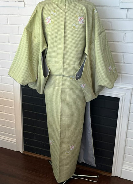 Japanese Awase Kimono / Olive Green Komon with Floral Motif, Size: M-L