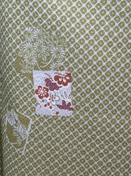 Japanese Awase Kimono / Olive Green Komon with Floral Motif, Size: M-L