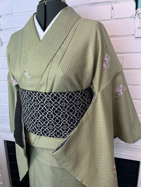 Japanese Awase Kimono / Olive Green Komon with Floral Motif, Size: M-L