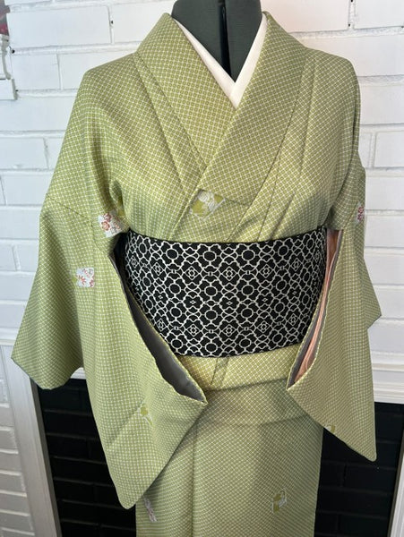 Japanese Awase Kimono / Olive Green Komon with Floral Motif, Size: M-L