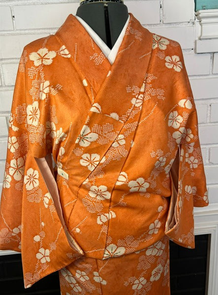 Vintage Japanese Awase Kimono – Vibrant Orange Silk with Ume Plum Blossom Pattern | Women's Traditional Kimono