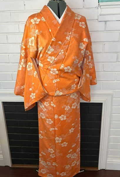 Vintage Japanese Awase Kimono – Vibrant Orange Silk with Ume Plum Blossom Pattern | Women's Traditional Kimono