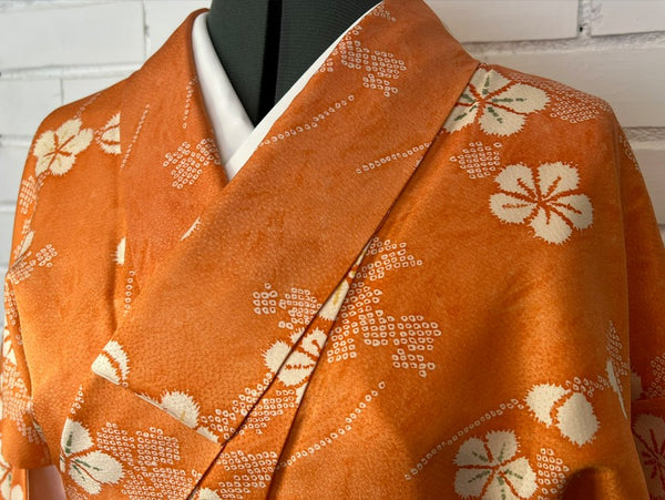 Vintage Japanese Awase Kimono – Vibrant Orange Silk with Ume Plum Blossom Pattern | Women's Traditional Kimono