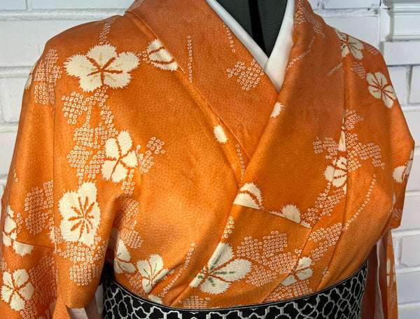 Vintage Japanese Awase Kimono – Vibrant Orange Silk with Ume Plum Blossom Pattern | Women's Traditional Kimono