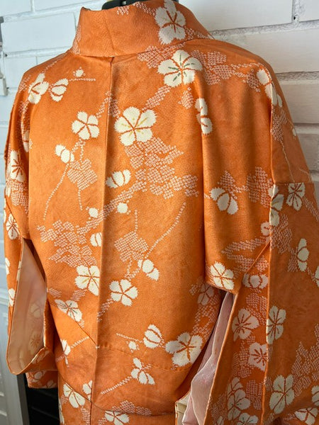 Vintage Japanese Awase Kimono – Vibrant Orange Silk with Ume Plum Blossom Pattern | Women's Traditional Kimono