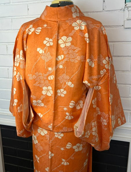 Vintage Japanese Awase Kimono – Vibrant Orange Silk with Ume Plum Blossom Pattern | Women's Traditional Kimono
