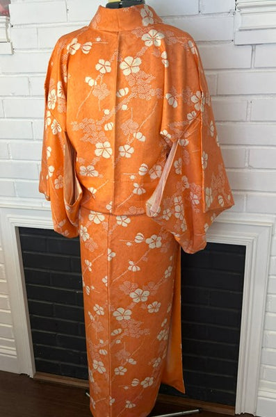 Vintage Japanese Awase Kimono – Vibrant Orange Silk with Ume Plum Blossom Pattern | Women's Traditional Kimono