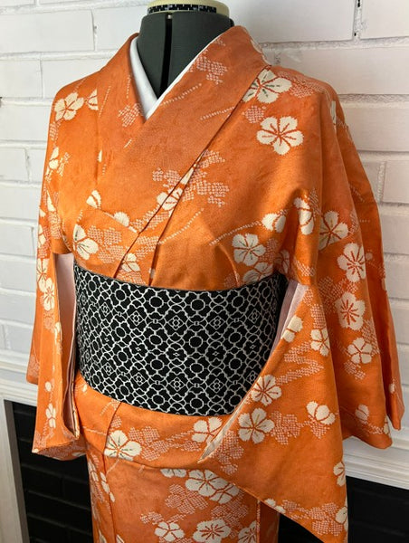 Vintage Japanese Awase Kimono – Vibrant Orange Silk with Ume Plum Blossom Pattern | Women's Traditional Kimono