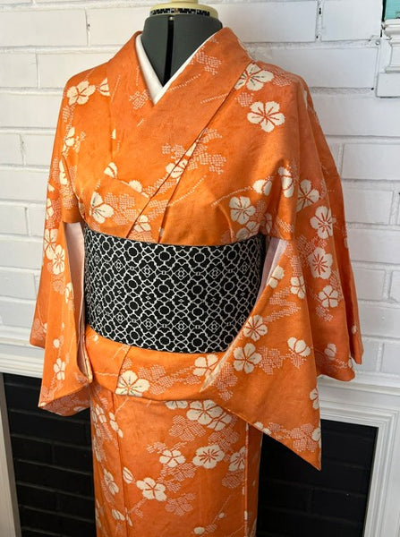 Vintage Japanese Awase Kimono – Vibrant Orange Silk with Ume Plum Blossom Pattern | Women's Traditional Kimono