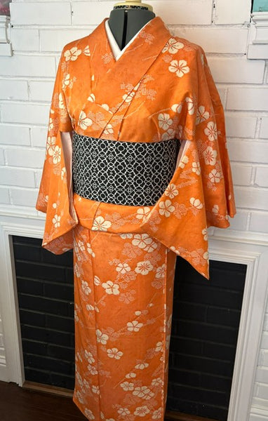 Vintage Japanese Awase Kimono – Vibrant Orange Silk with Ume Plum Blossom Pattern | Women's Traditional Kimono