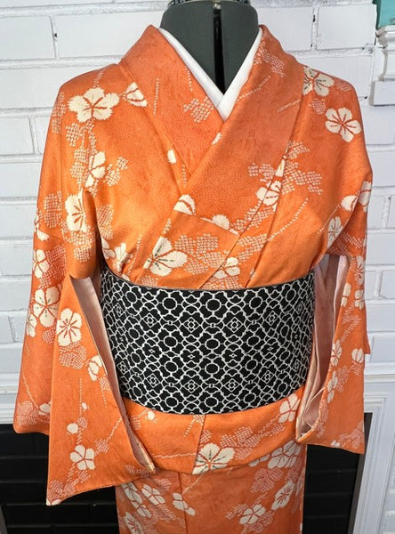 Vintage Japanese Awase Kimono – Vibrant Orange Silk with Ume Plum Blossom Pattern | Women's Traditional Kimono