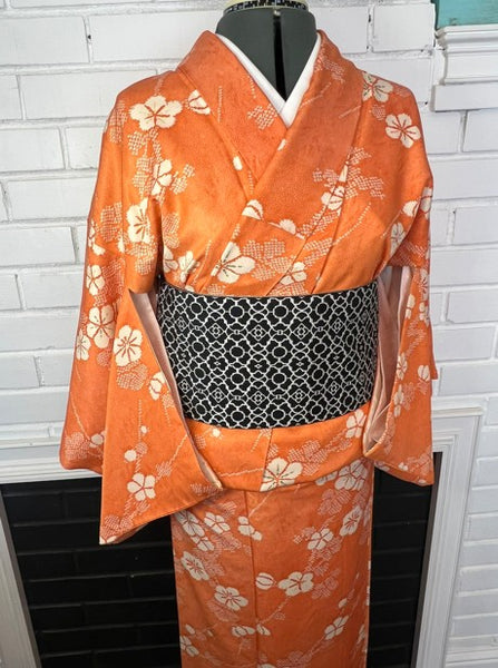 Vintage Japanese Awase Kimono – Vibrant Orange Silk with Ume Plum Blossom Pattern | Women's Traditional Kimono