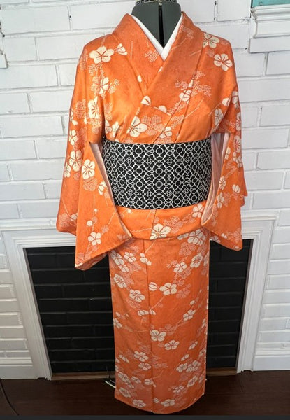 Vintage Japanese Awase Kimono – Vibrant Orange Silk with Ume Plum Blossom Pattern | Women's Traditional Kimono