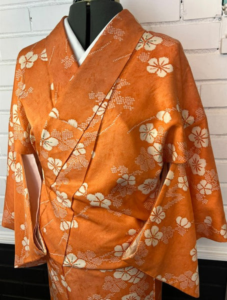 Vintage Japanese Awase Kimono – Vibrant Orange Silk with Ume Plum Blossom Pattern | Women's Traditional Kimono