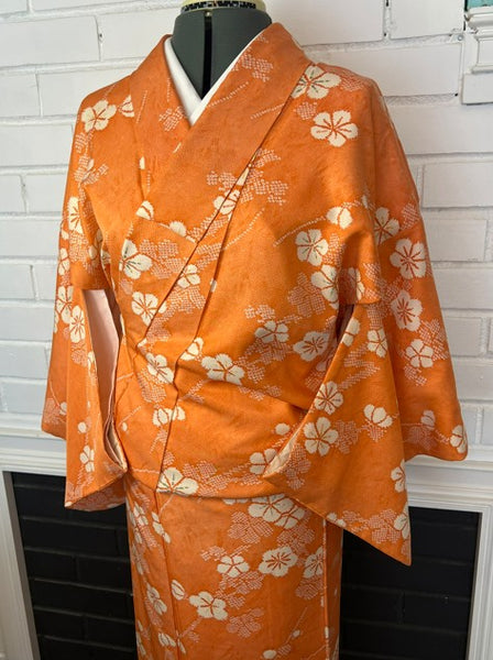 Vintage Japanese Awase Kimono – Vibrant Orange Silk with Ume Plum Blossom Pattern | Women's Traditional Kimono