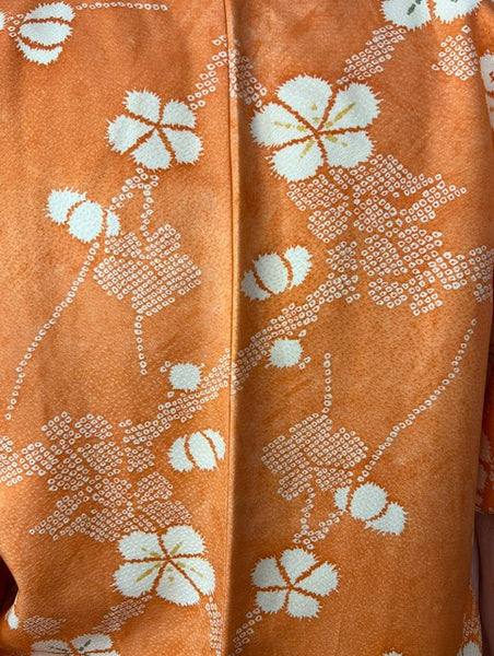 Vintage Japanese Awase Kimono – Vibrant Orange Silk with Ume Plum Blossom Pattern | Women's Traditional Kimono