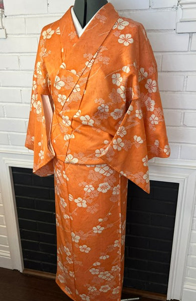 Vintage Japanese Awase Kimono – Vibrant Orange Silk with Ume Plum Blossom Pattern | Women's Traditional Kimono
