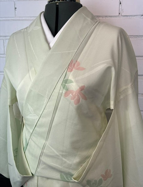Vintage Japanese Ro Kimono – Pale Mint Green Silk with Pink & Sage Floral Motif | Summer Unlined Kimono