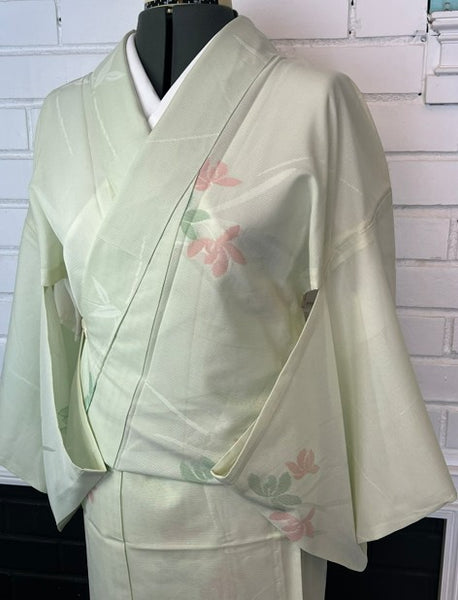Vintage Japanese Ro Kimono – Pale Mint Green Silk with Pink & Sage Floral Motif | Summer Unlined Kimono