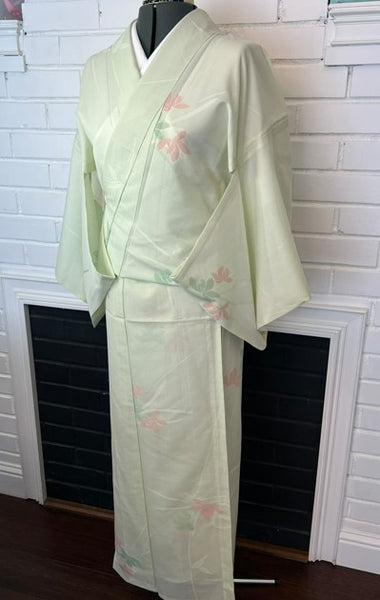 Vintage Japanese Ro Kimono – Pale Mint Green Silk with Pink & Sage Floral Motif | Summer Unlined Kimono