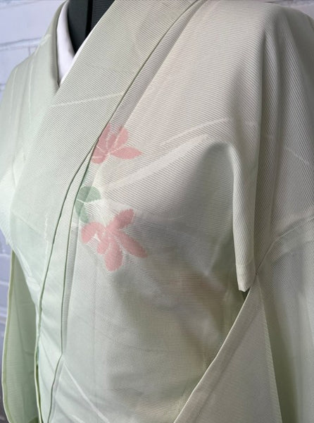 Vintage Japanese Ro Kimono – Pale Mint Green Silk with Pink & Sage Floral Motif | Summer Unlined Kimono