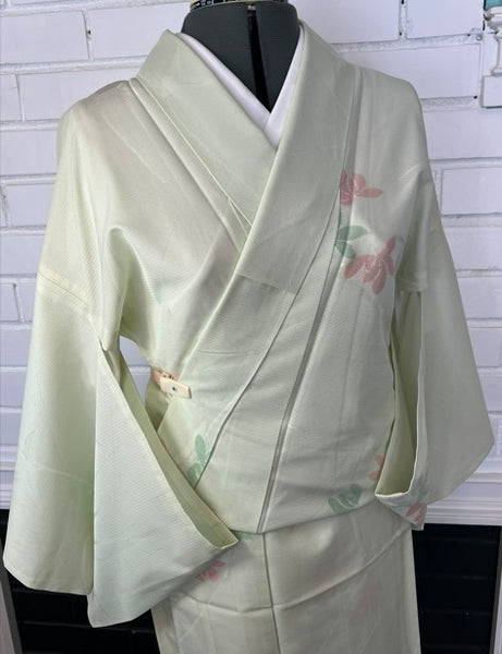 Vintage Japanese Ro Kimono – Pale Mint Green Silk with Pink & Sage Floral Motif | Summer Unlined Kimono