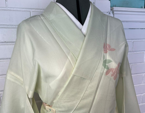 Vintage Japanese Ro Kimono – Pale Mint Green Silk with Pink & Sage Floral Motif | Summer Unlined Kimono