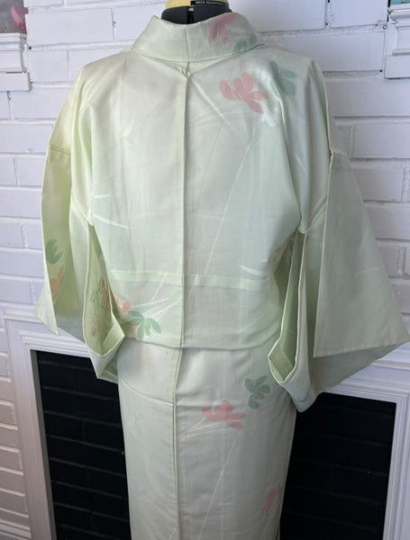 Vintage Japanese Ro Kimono – Pale Mint Green Silk with Pink & Sage Floral Motif | Summer Unlined Kimono