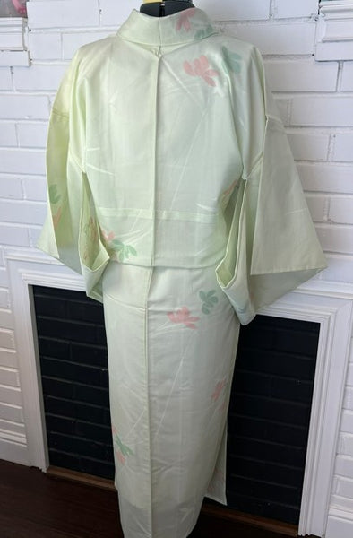 Vintage Japanese Ro Kimono – Pale Mint Green Silk with Pink & Sage Floral Motif | Summer Unlined Kimono