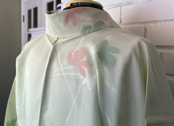 Vintage Japanese Ro Kimono – Pale Mint Green Silk with Pink & Sage Floral Motif | Summer Unlined Kimono