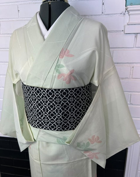 Vintage Japanese Ro Kimono – Pale Mint Green Silk with Pink & Sage Floral Motif | Summer Unlined Kimono