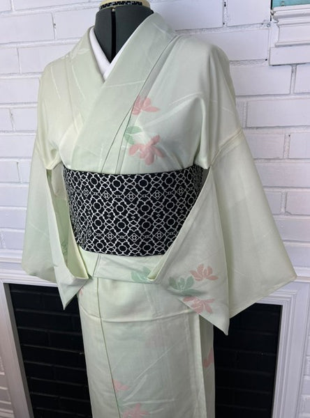 Vintage Japanese Ro Kimono – Pale Mint Green Silk with Pink & Sage Floral Motif | Summer Unlined Kimono