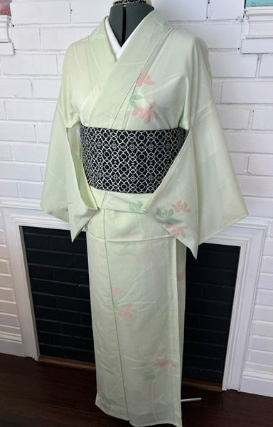 Vintage Japanese Ro Kimono – Pale Mint Green Silk with Pink & Sage Floral Motif | Summer Unlined Kimono