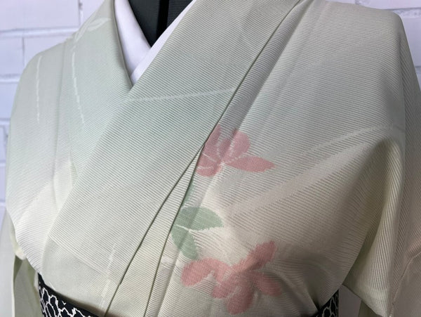 Vintage Japanese Ro Kimono – Pale Mint Green Silk with Pink & Sage Floral Motif | Summer Unlined Kimono